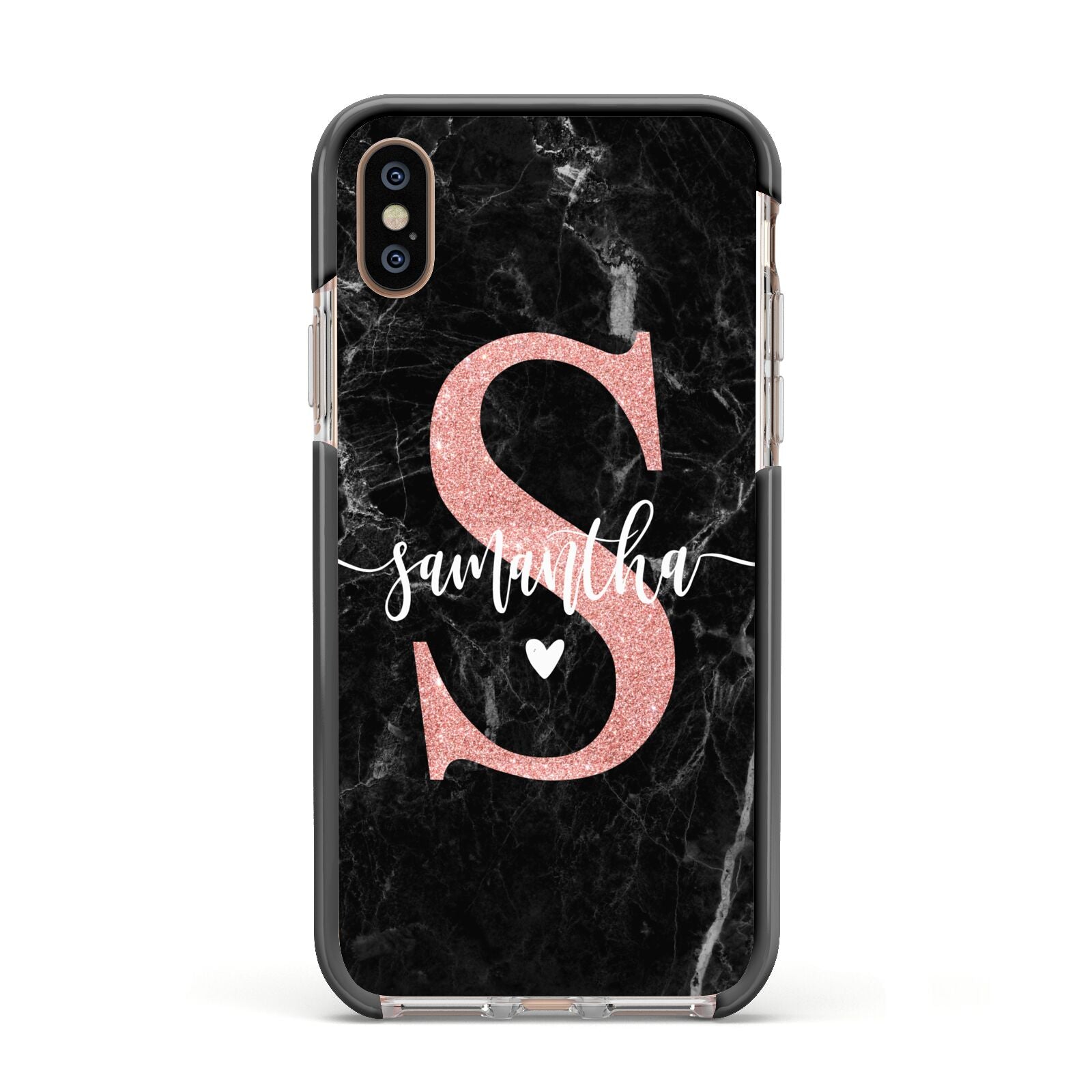 Black Marble Personalised Glitter Initial Name Apple iPhone Xs Impact Case Black Edge on Gold Phone