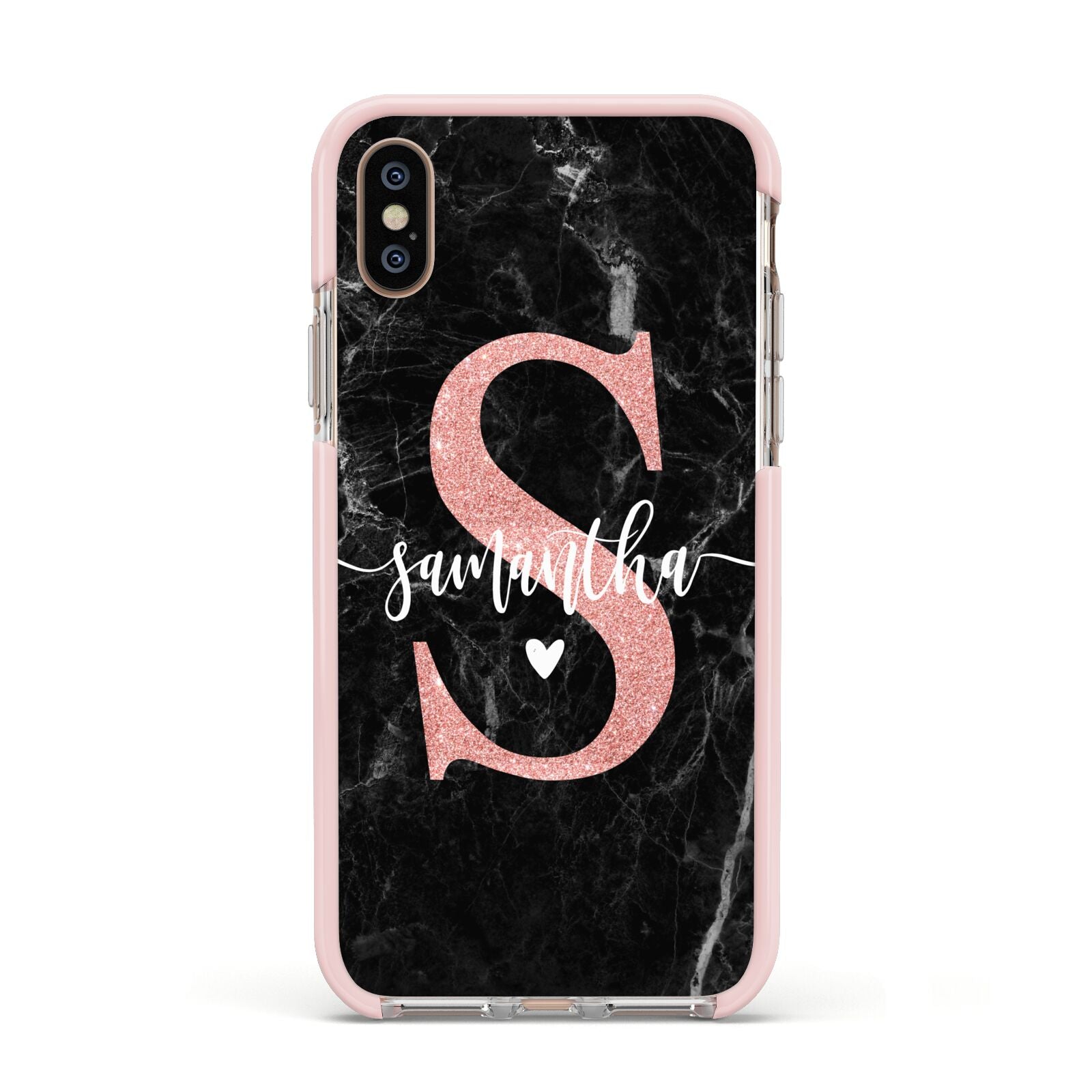 Black Marble Personalised Glitter Initial Name Apple iPhone Xs Impact Case Pink Edge on Gold Phone