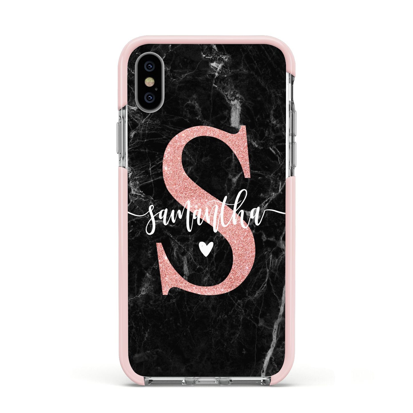 Black Marble Personalised Glitter Initial Name Apple iPhone Xs Impact Case Pink Edge on Silver Phone