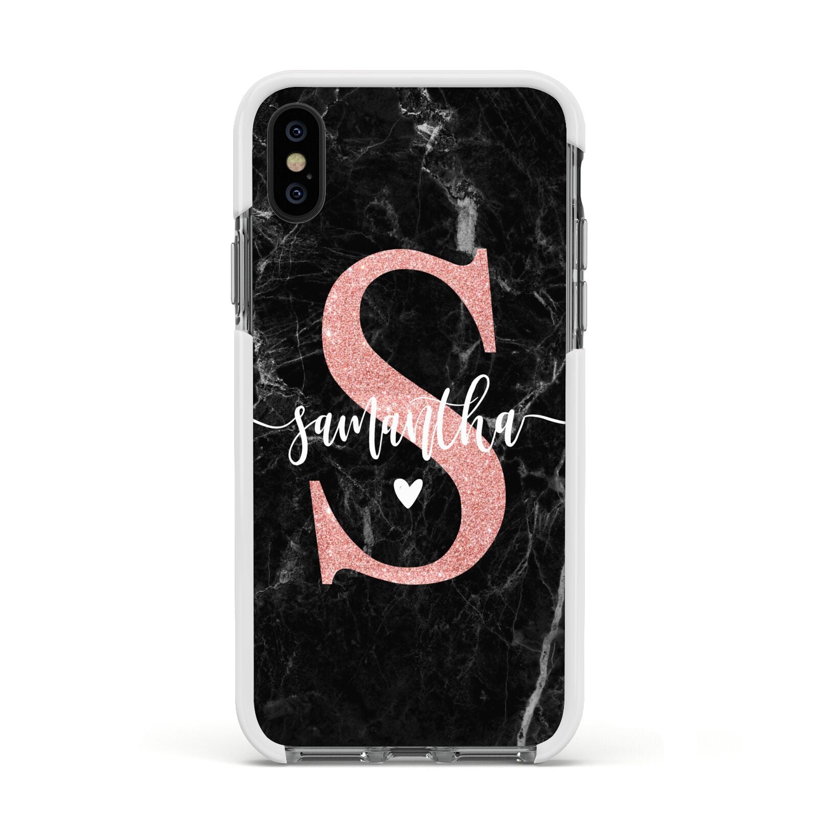 Black Marble Personalised Glitter Initial Name Apple iPhone Xs Impact Case White Edge on Black Phone