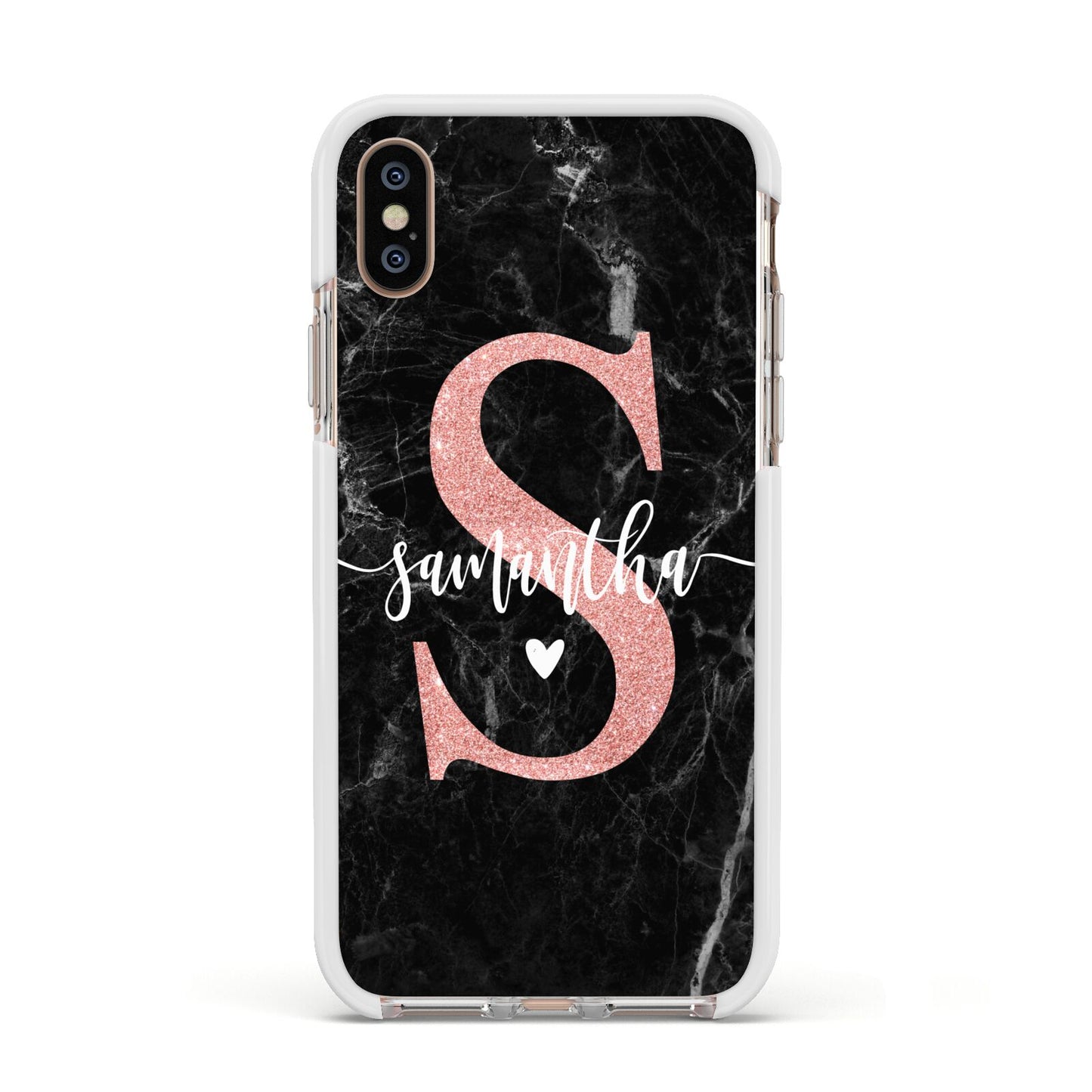 Black Marble Personalised Glitter Initial Name Apple iPhone Xs Impact Case White Edge on Gold Phone