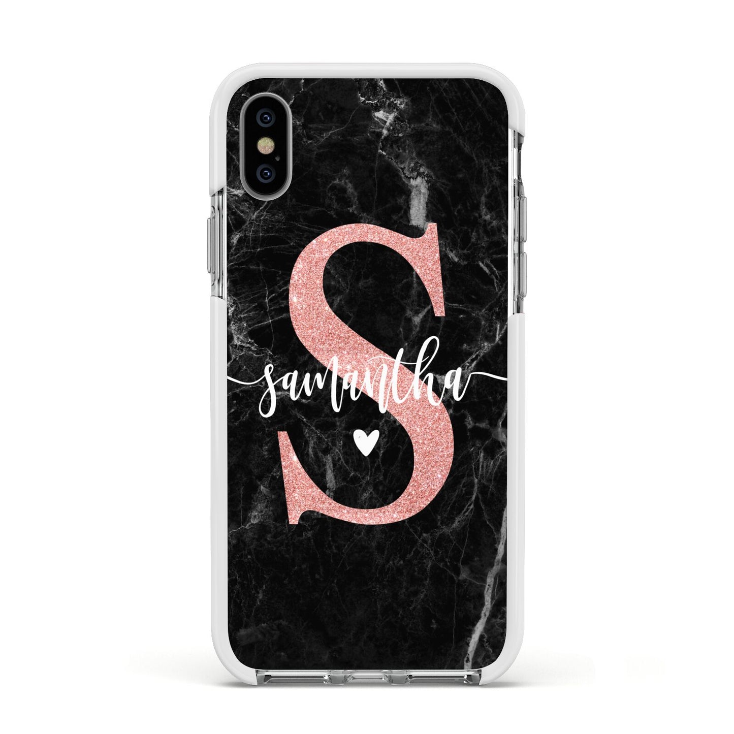 Black Marble Personalised Glitter Initial Name Apple iPhone Xs Impact Case White Edge on Silver Phone