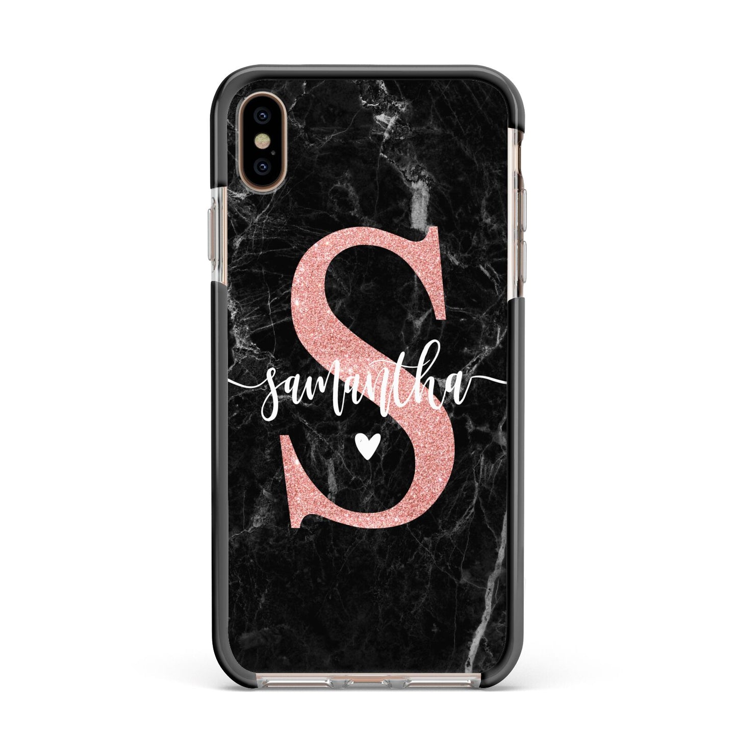 Black Marble Personalised Glitter Initial Name Apple iPhone Xs Max Impact Case Black Edge on Gold Phone