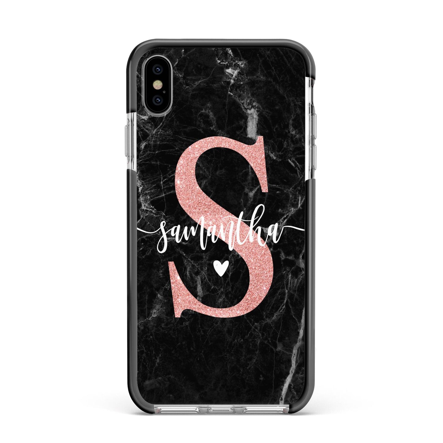 Black Marble Personalised Glitter Initial Name Apple iPhone Xs Max Impact Case Black Edge on Silver Phone