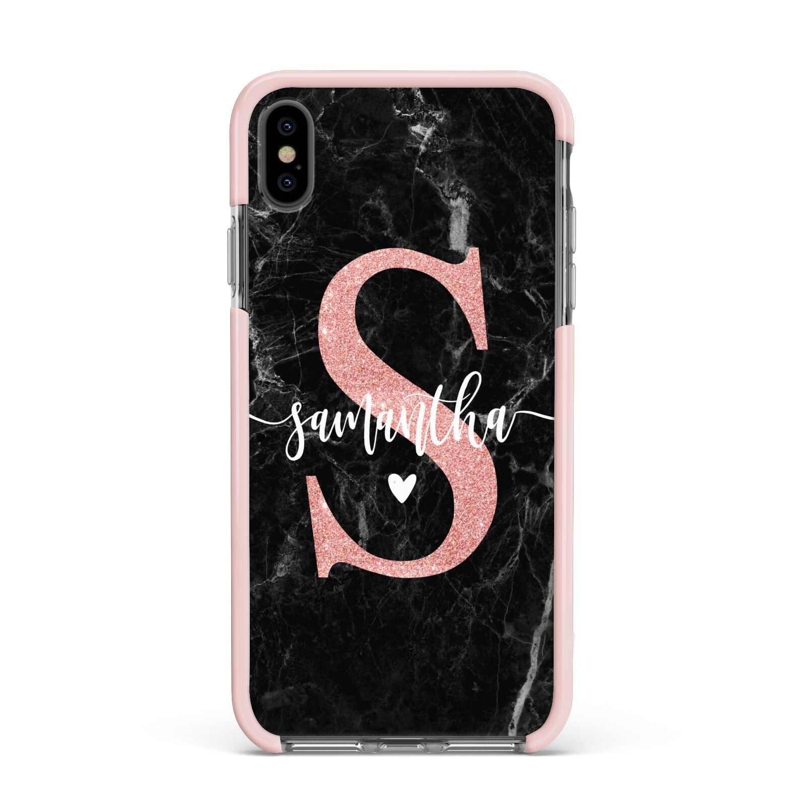 Black Marble Personalised Glitter Initial Name Apple iPhone Xs Max Impact Case Pink Edge on Black Phone