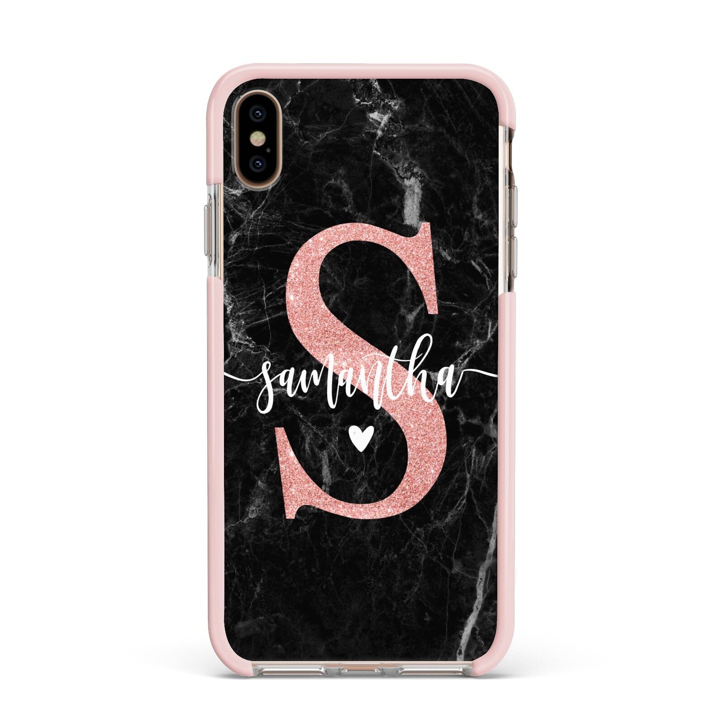 Black Marble Personalised Glitter Initial Name Apple iPhone Xs Max Impact Case Pink Edge on Gold Phone
