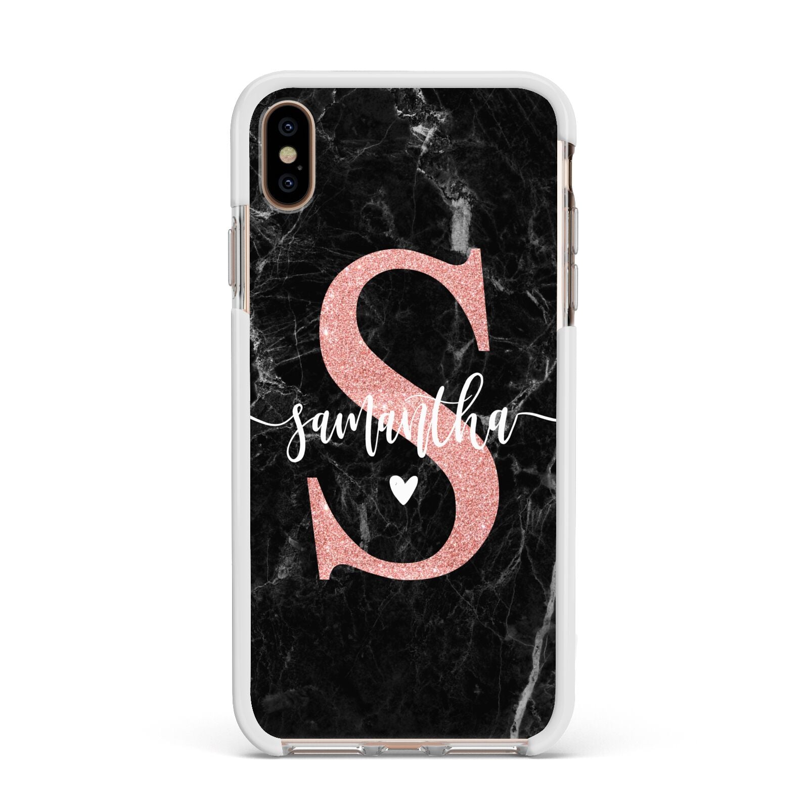 Black Marble Personalised Glitter Initial Name Apple iPhone Xs Max Impact Case White Edge on Gold Phone