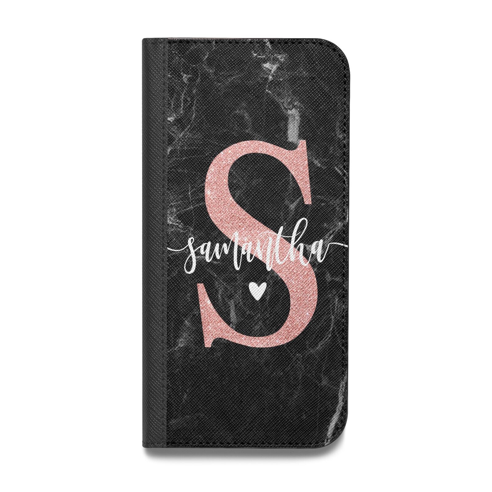 Black Marble Personalised Glitter Initial Name Vegan Leather Flip Samsung Case