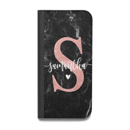 Black Marble Personalised Glitter Initial Name Vegan Leather Flip Samsung Case