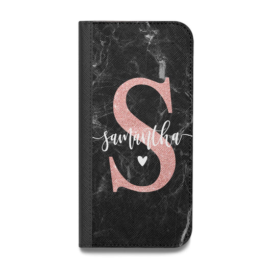 Black Marble Personalised Glitter Initial Name Vegan Leather Flip Samsung Case