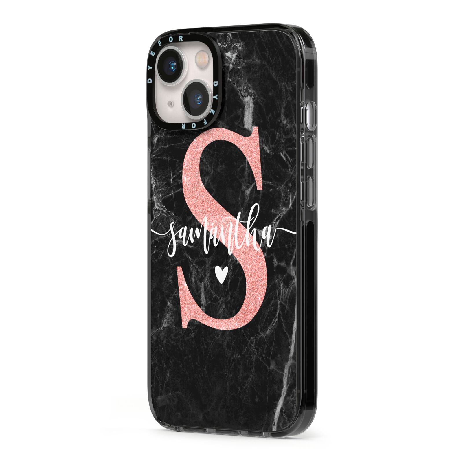Black Marble Personalised Glitter Initial Name iPhone 13 Black Impact Case Side Angle on Silver phone