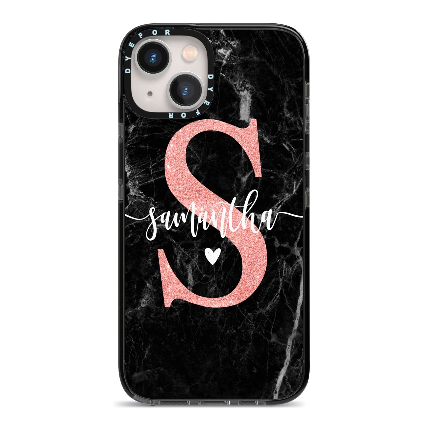 Black Marble Personalised Glitter Initial Name iPhone 13 Black Impact Case on Silver phone