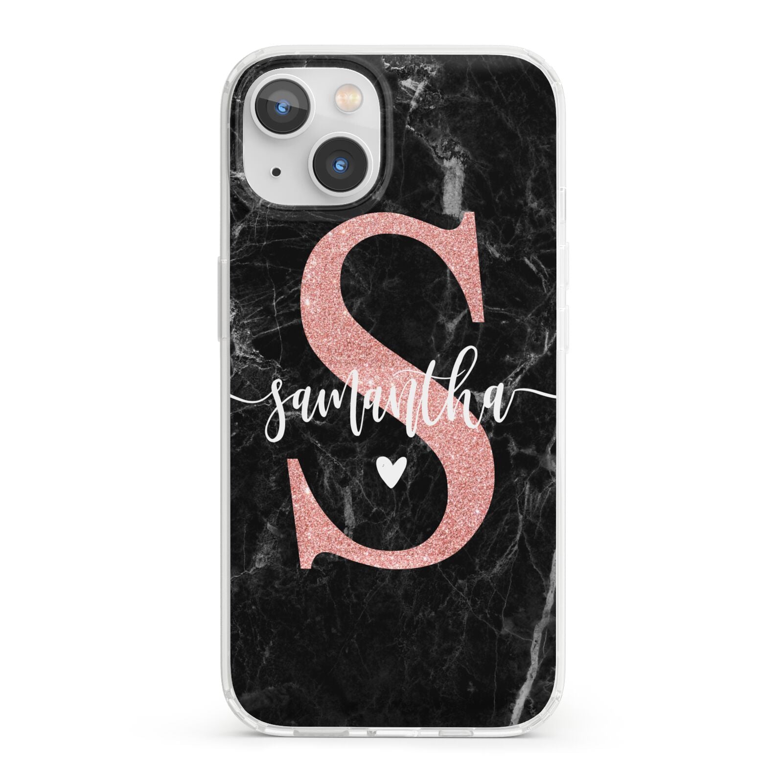 Black Marble Personalised Glitter Initial Name iPhone 13 Clear Bumper Case