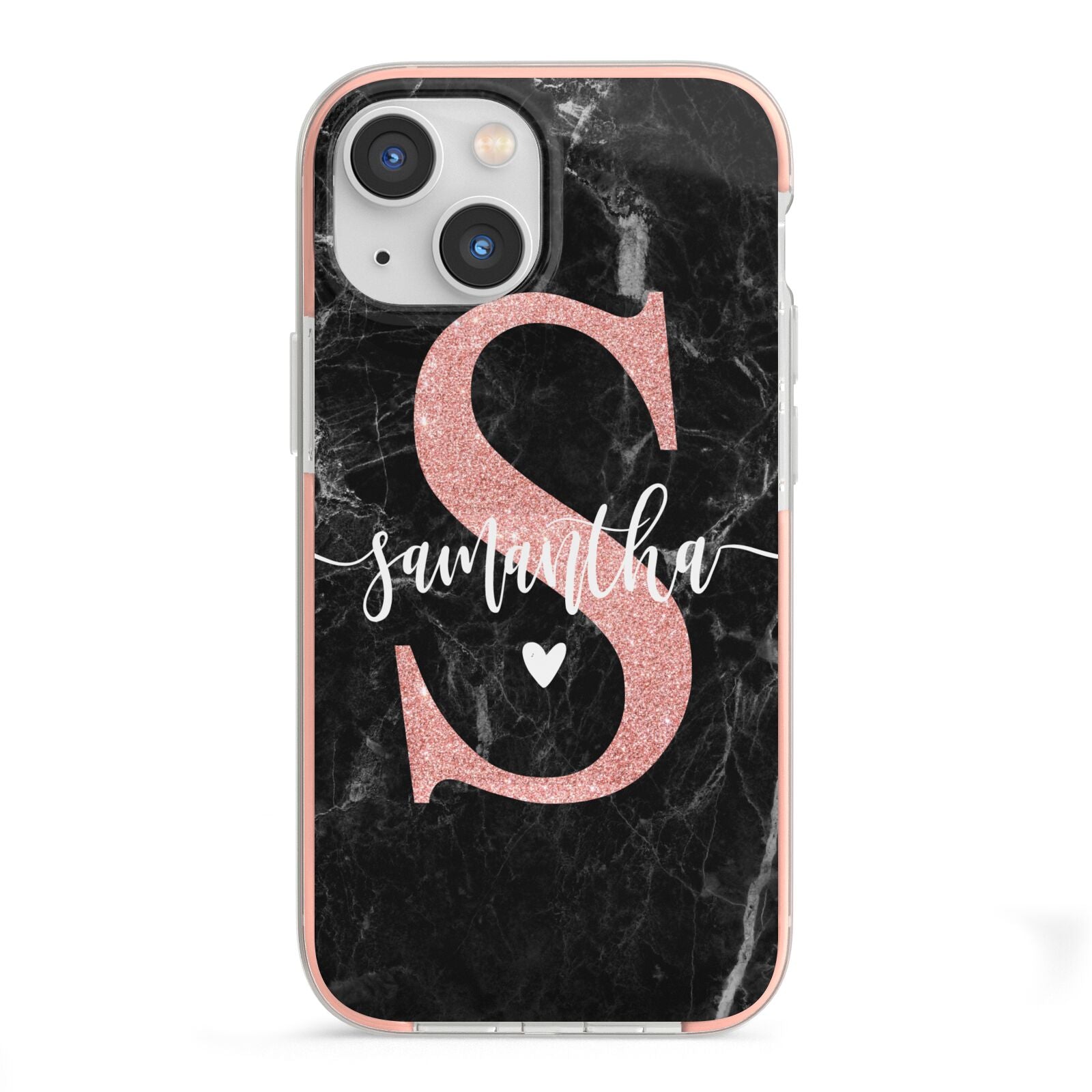 Black Marble Personalised Glitter Initial Name iPhone 13 Mini TPU Impact Case with Pink Edges