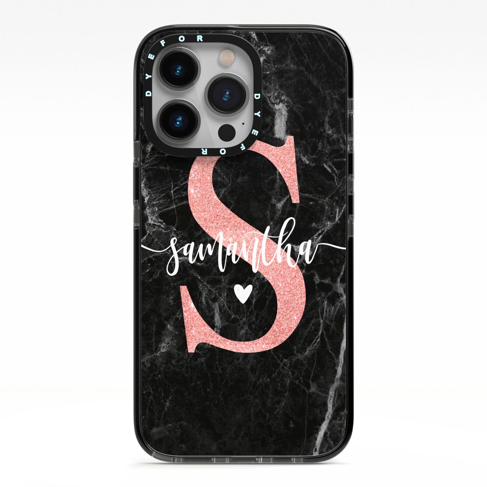 Black Marble Personalised Glitter Initial Name iPhone 13 Pro Black Impact Case on Silver phone