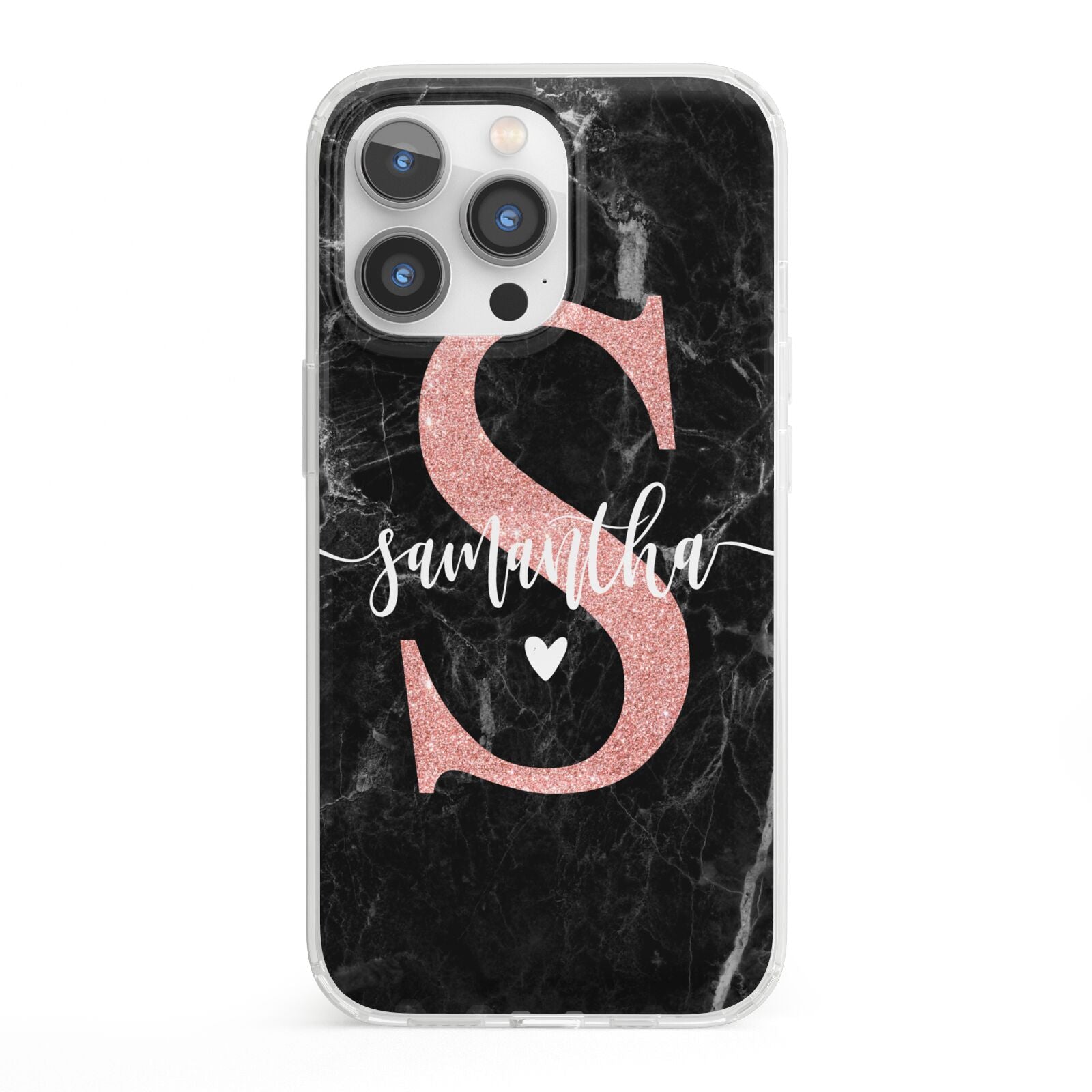 Black Marble Personalised Glitter Initial Name iPhone 13 Pro Clear Bumper Case