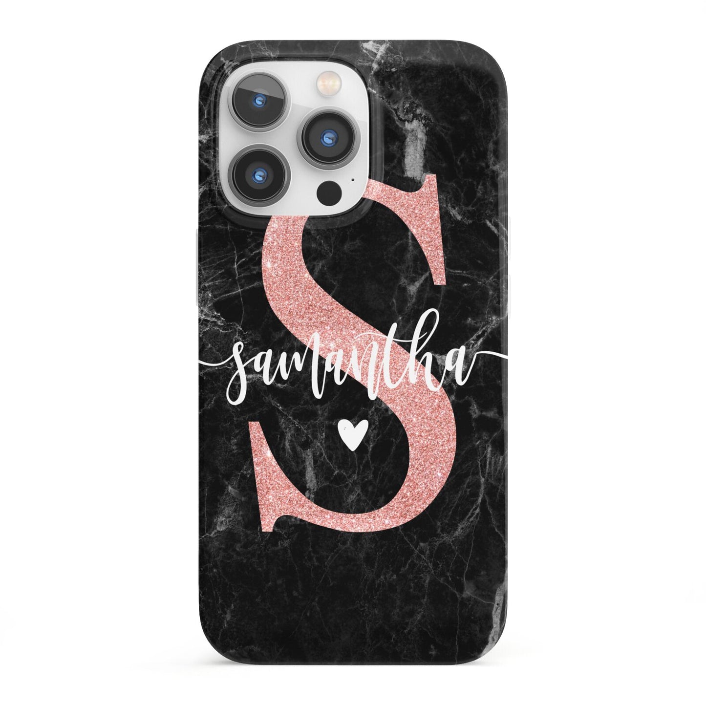 Black Marble Personalised Glitter Initial Name iPhone 13 Pro Full Wrap 3D Snap Case