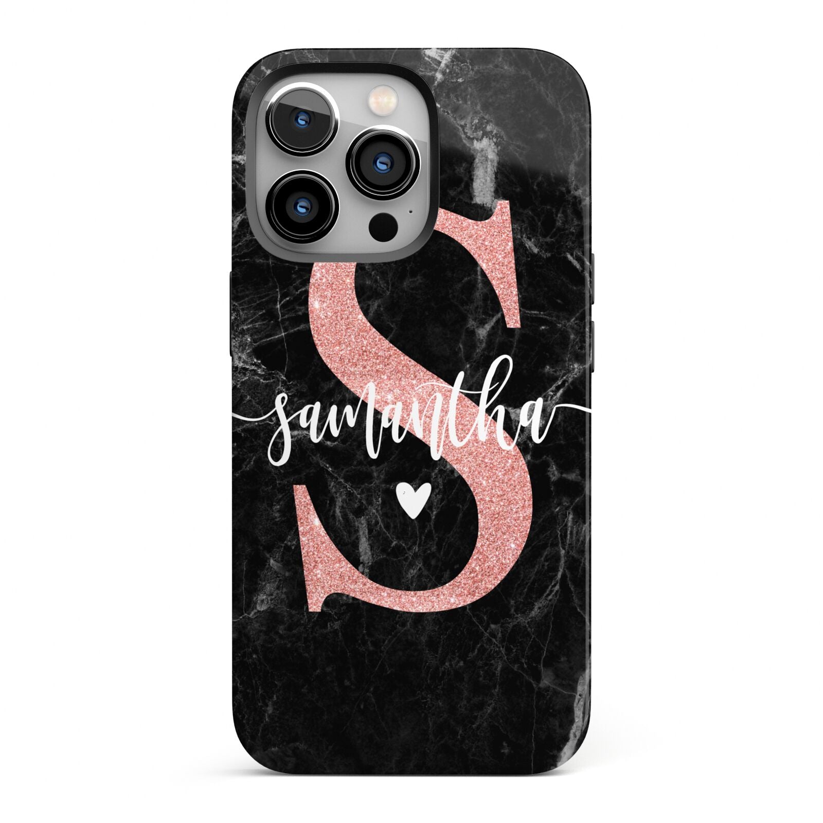 Black Marble Personalised Glitter Initial Name iPhone 13 Pro Full Wrap 3D Tough Case