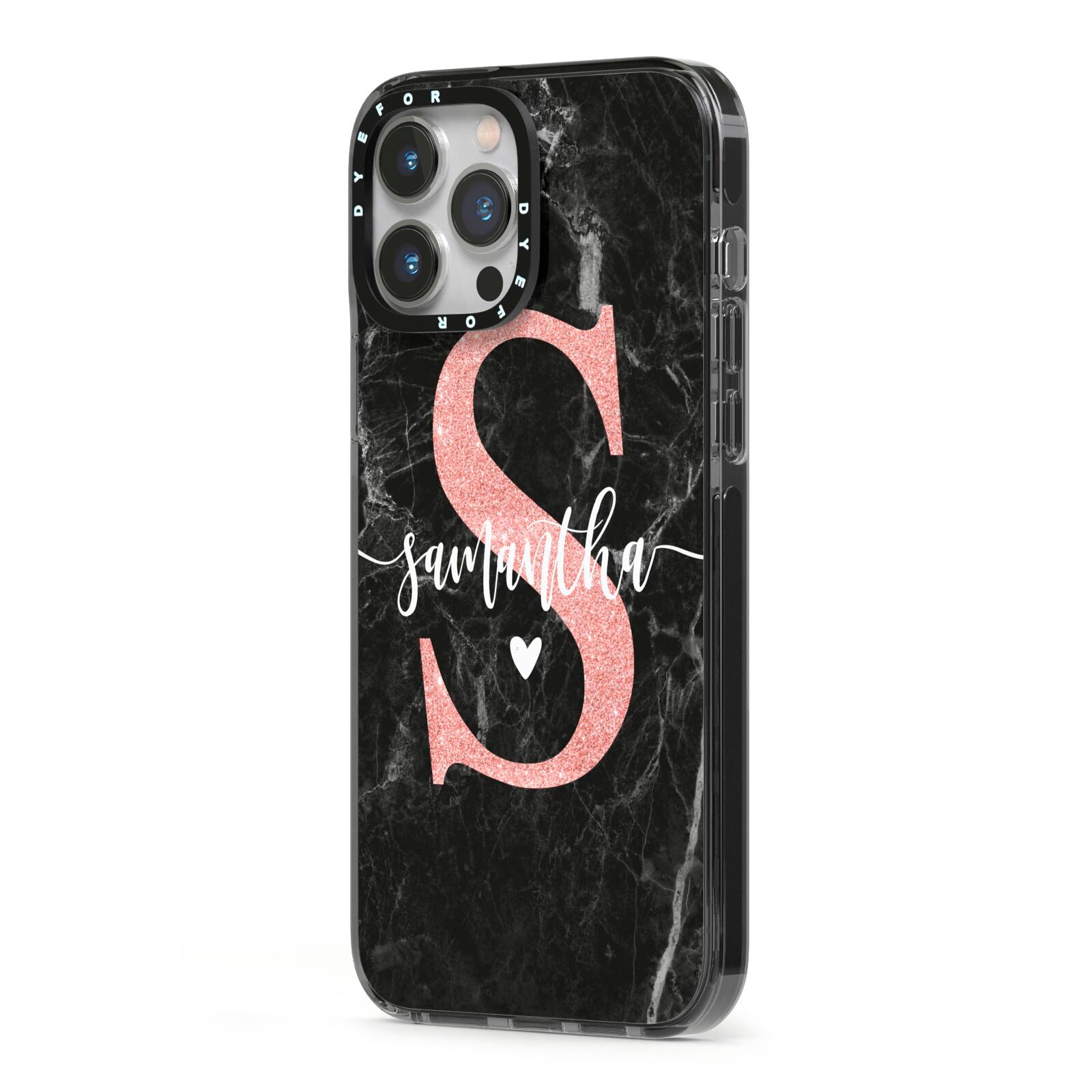 Black Marble Personalised Glitter Initial Name iPhone 13 Pro Max Black Impact Case Side Angle on Silver phone