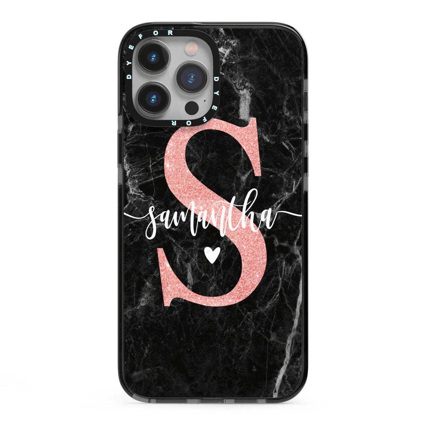 Black Marble Personalised Glitter Initial Name iPhone 13 Pro Max Black Impact Case on Silver phone