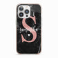 Black Marble Personalised Glitter Initial Name iPhone 13 Pro TPU Impact Case with Pink Edges