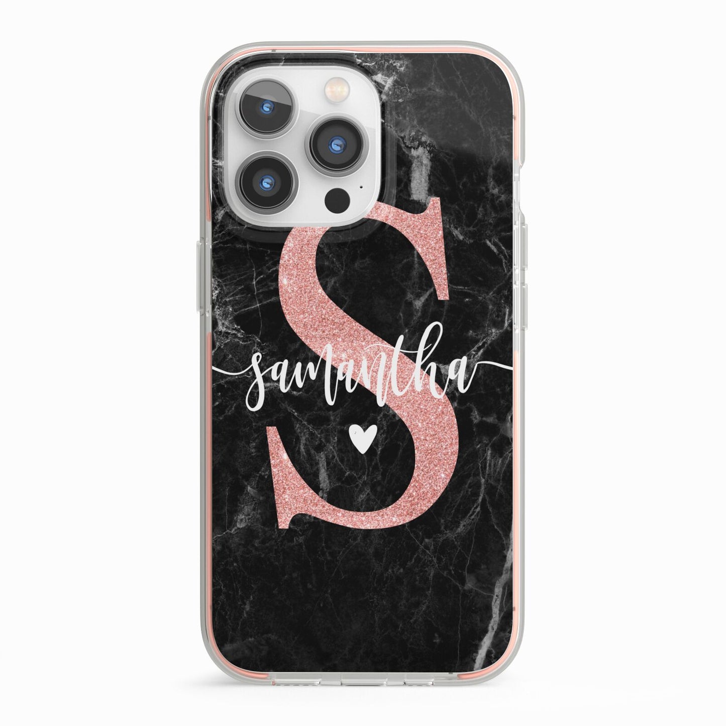 Black Marble Personalised Glitter Initial Name iPhone 13 Pro TPU Impact Case with Pink Edges