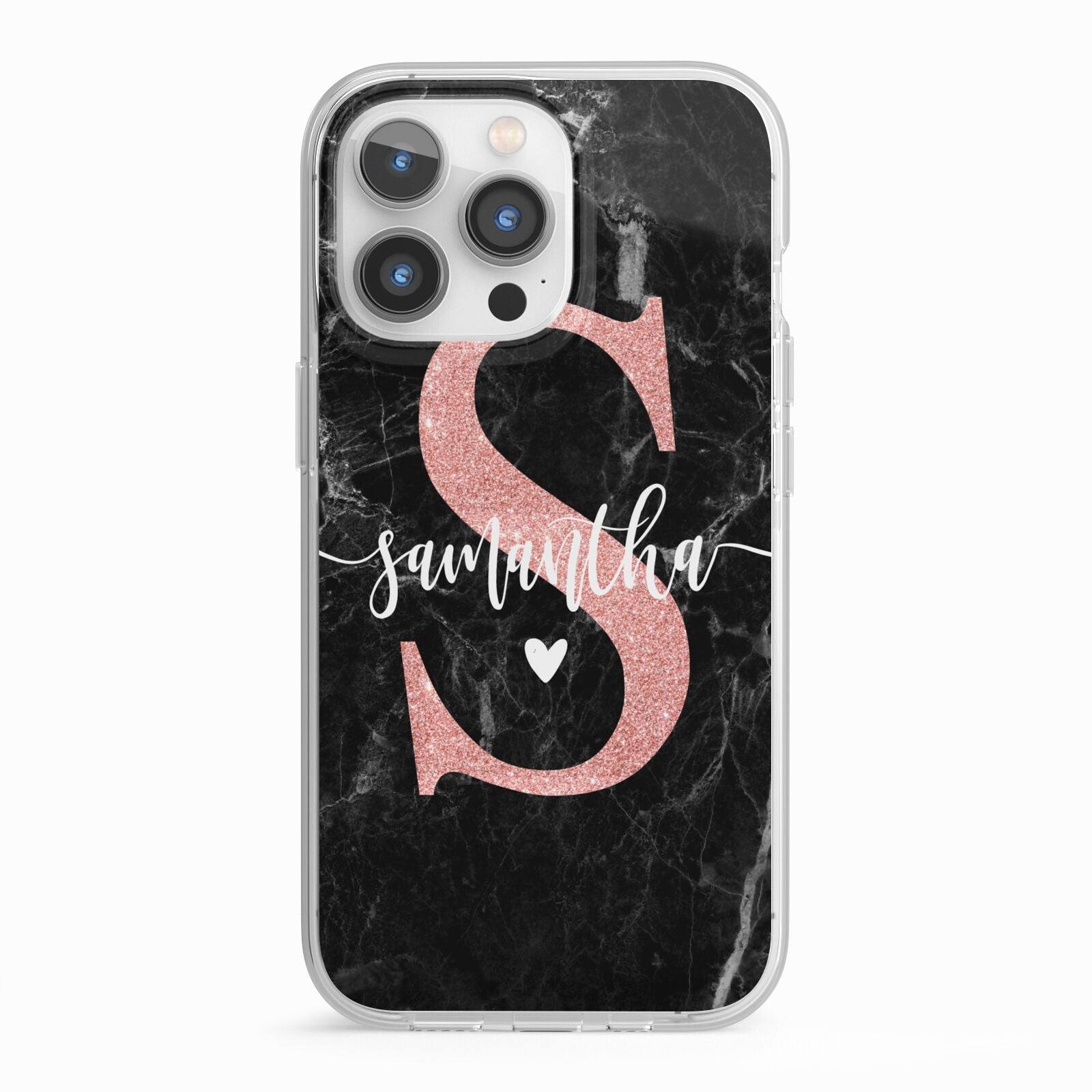 Black Marble Personalised Glitter Initial Name iPhone 13 Pro TPU Impact Case with White Edges