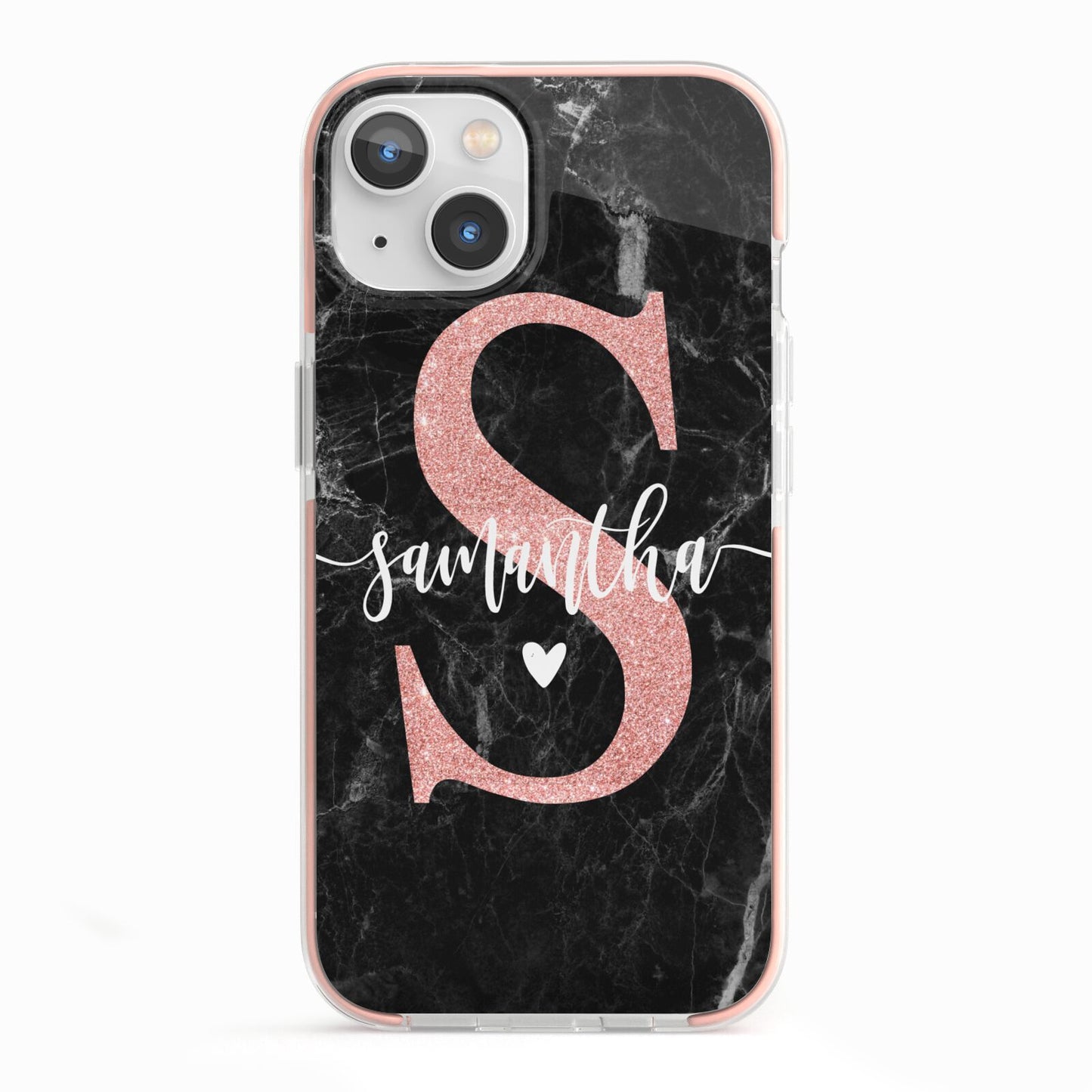 Black Marble Personalised Glitter Initial Name iPhone 13 TPU Impact Case with Pink Edges