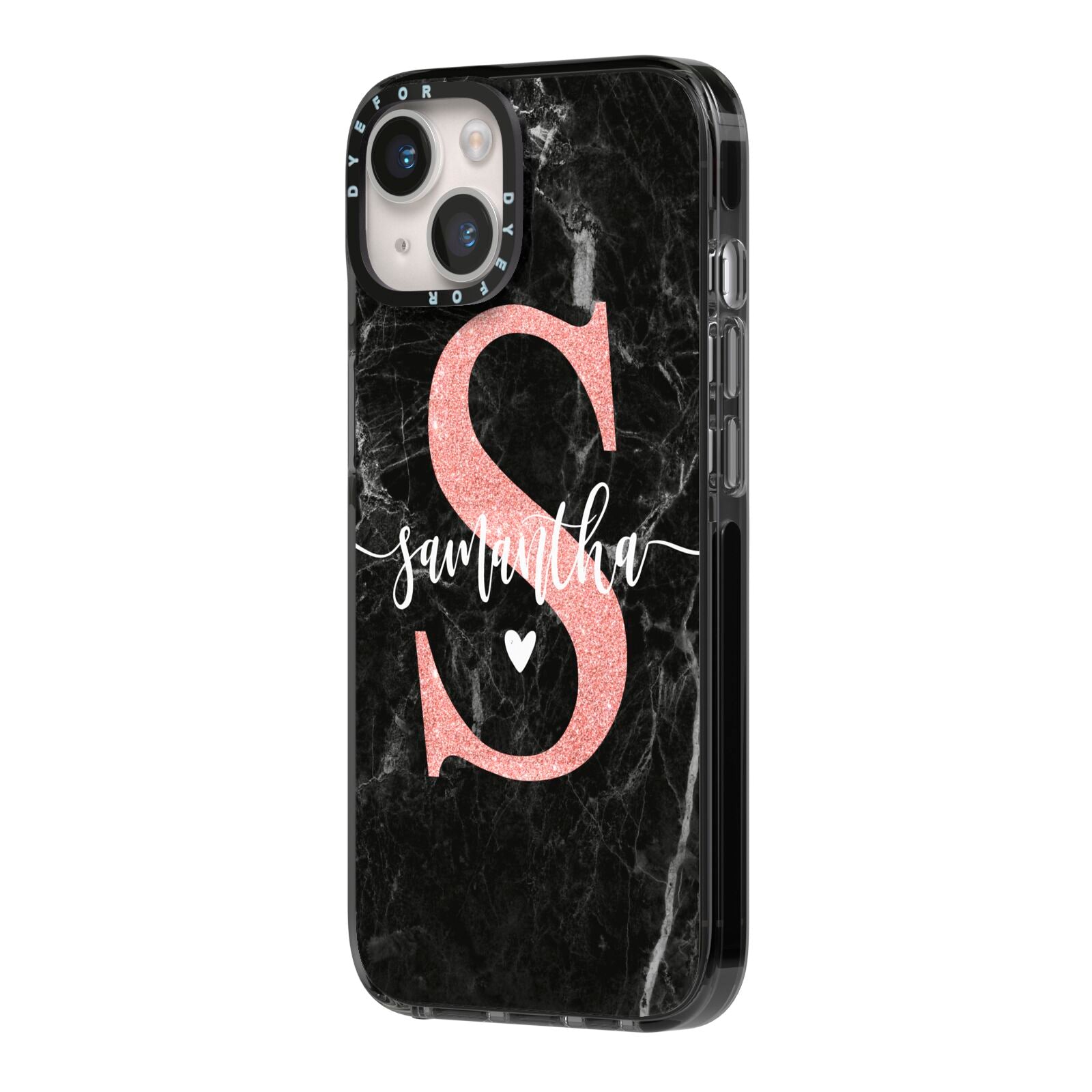 Black Marble Personalised Glitter Initial Name iPhone 14 Black Impact Case Side Angle on Silver phone