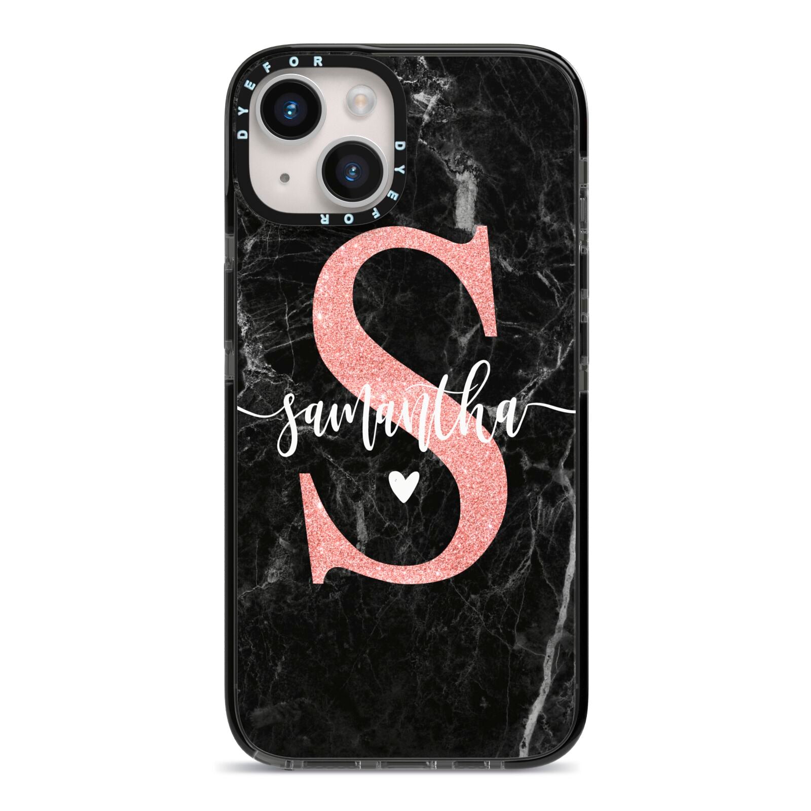 Black Marble Personalised Glitter Initial Name iPhone 14 Black Impact Case on Silver phone