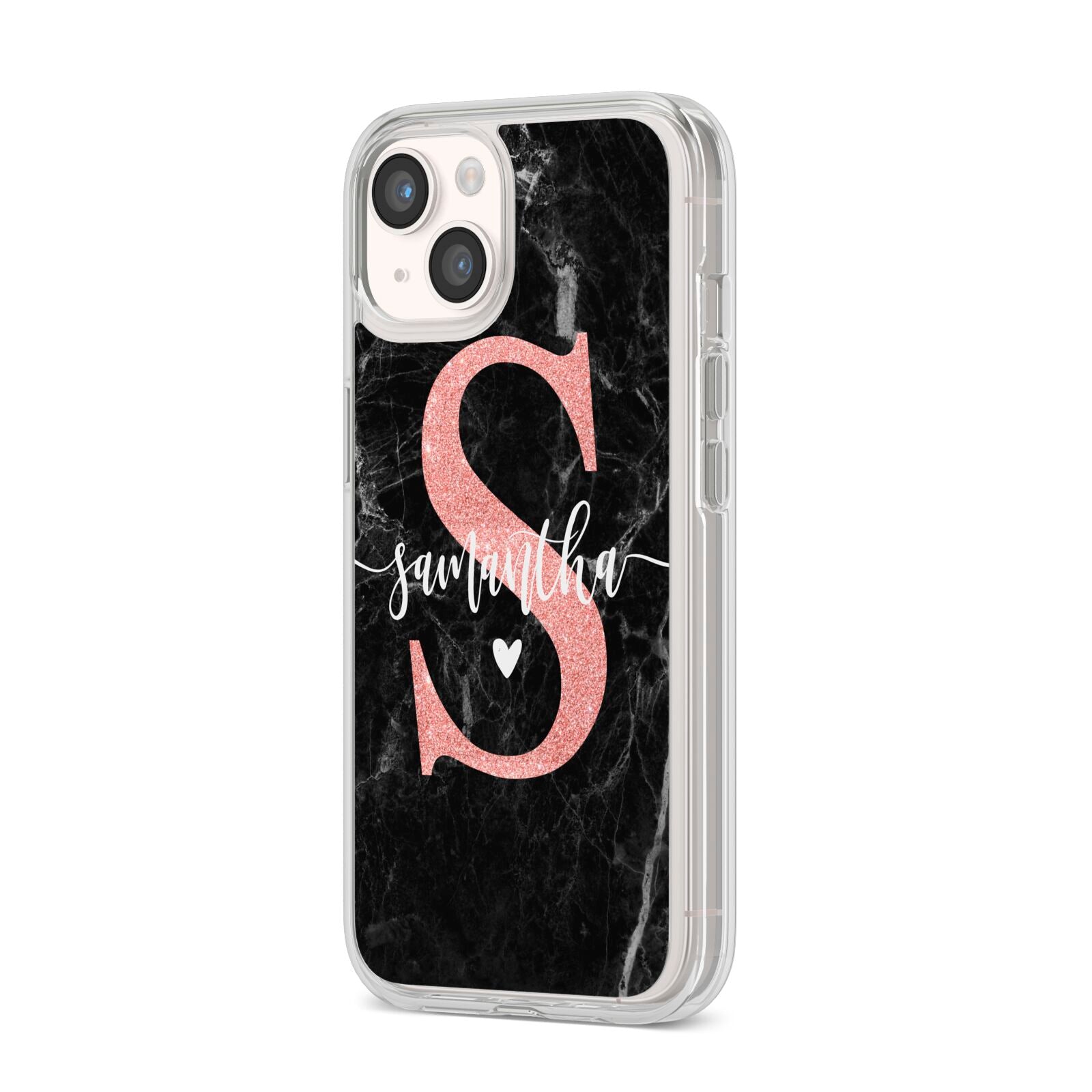 Black Marble Personalised Glitter Initial Name iPhone 14 Clear Tough Case Starlight Angled Image