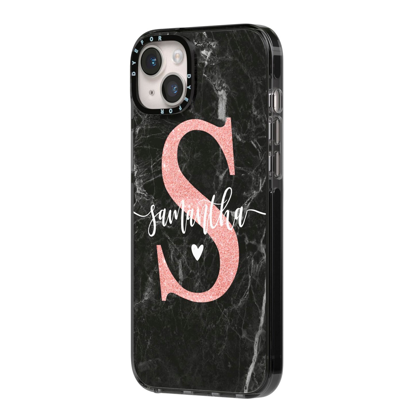 Black Marble Personalised Glitter Initial Name iPhone 14 Plus Black Impact Case Side Angle on Silver phone
