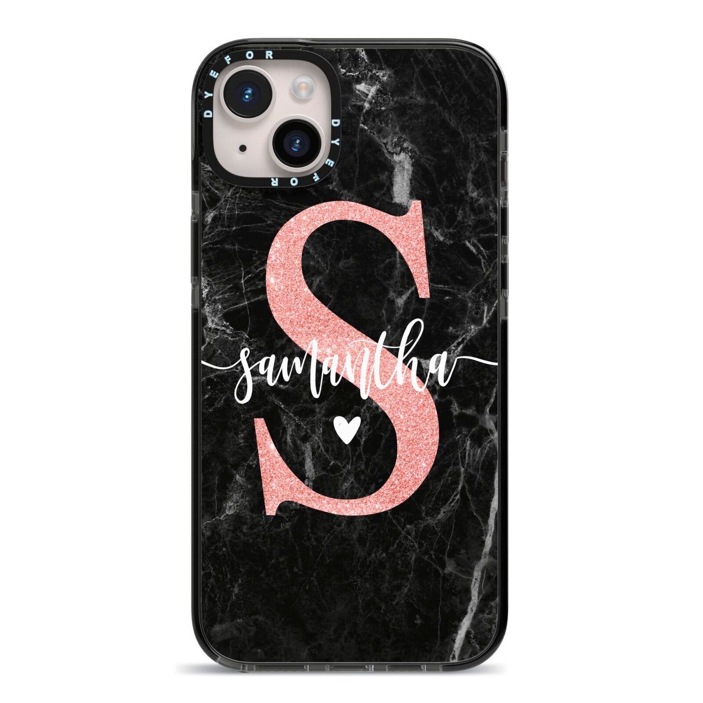 Black Marble Personalised Glitter Initial Name iPhone 14 Plus Black Impact Case on Silver phone