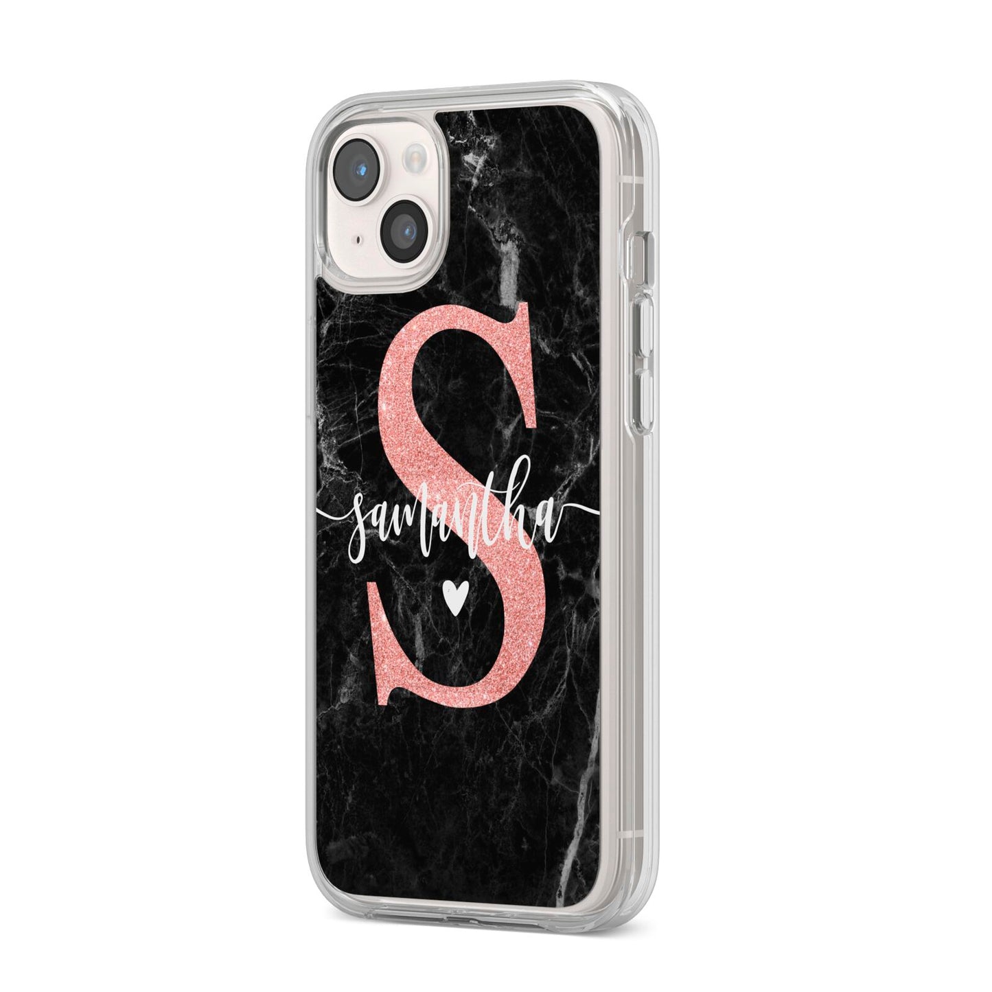 Black Marble Personalised Glitter Initial Name iPhone 14 Plus Clear Tough Case Starlight Angled Image