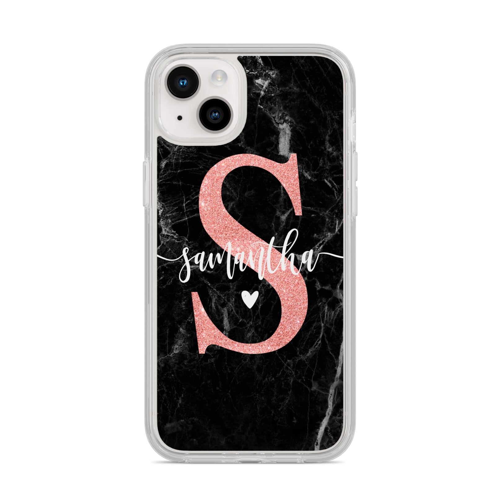 Black Marble Personalised Glitter Initial Name iPhone 14 Plus Clear Tough Case Starlight