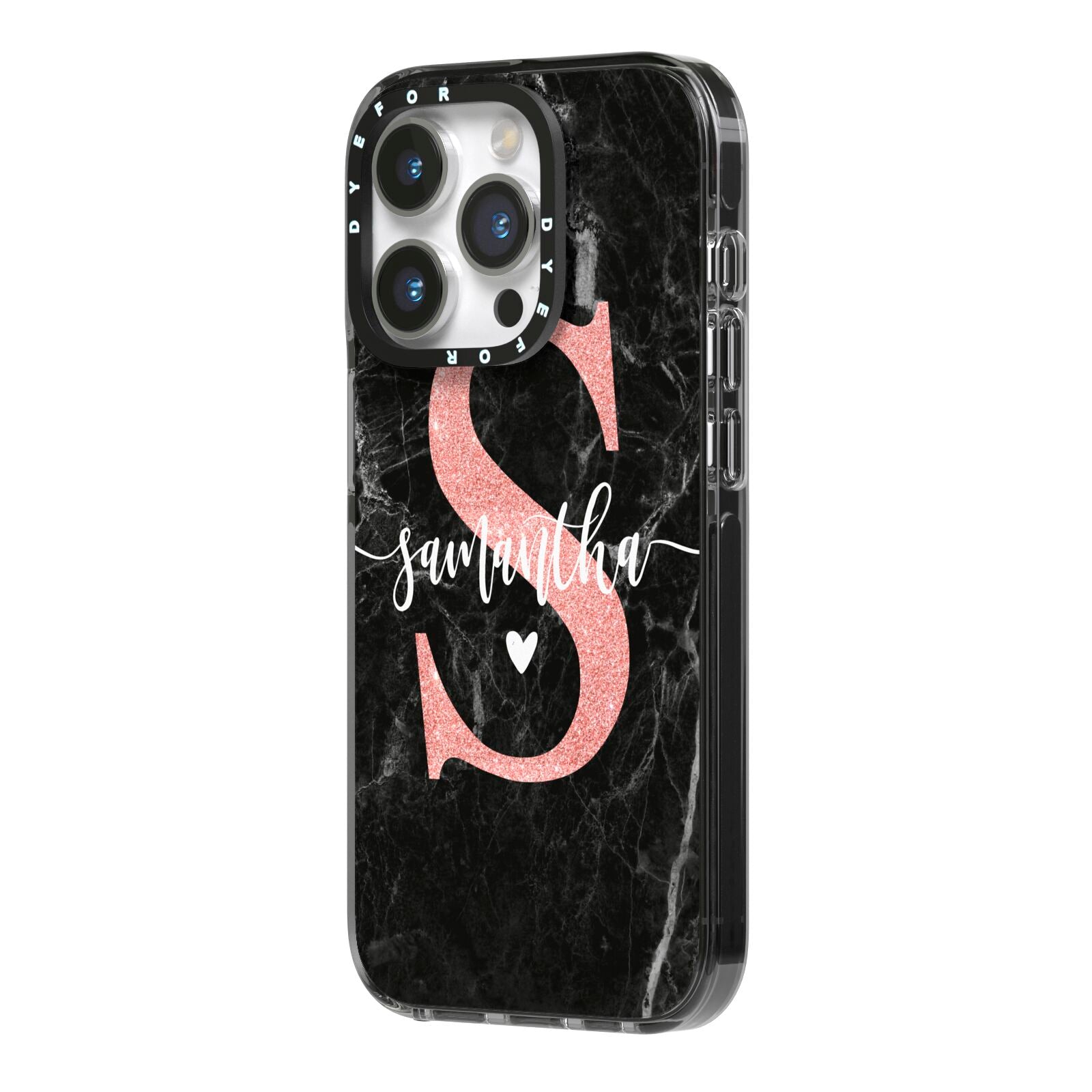 Black Marble Personalised Glitter Initial Name iPhone 14 Pro Black Impact Case Side Angle on Silver phone