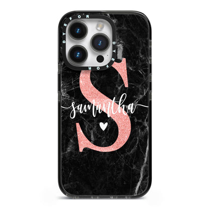 Black Marble Personalised Glitter Initial Name iPhone 14 Pro Black Impact Case on Silver phone