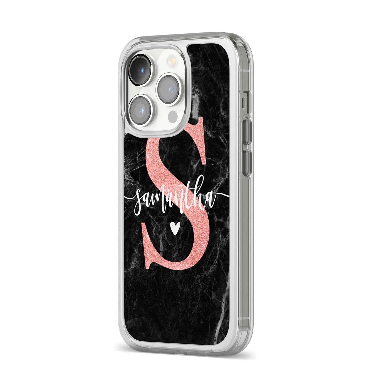 Black Marble Personalised Glitter Initial Name iPhone 14 Pro Clear Tough Case Silver Angled Image