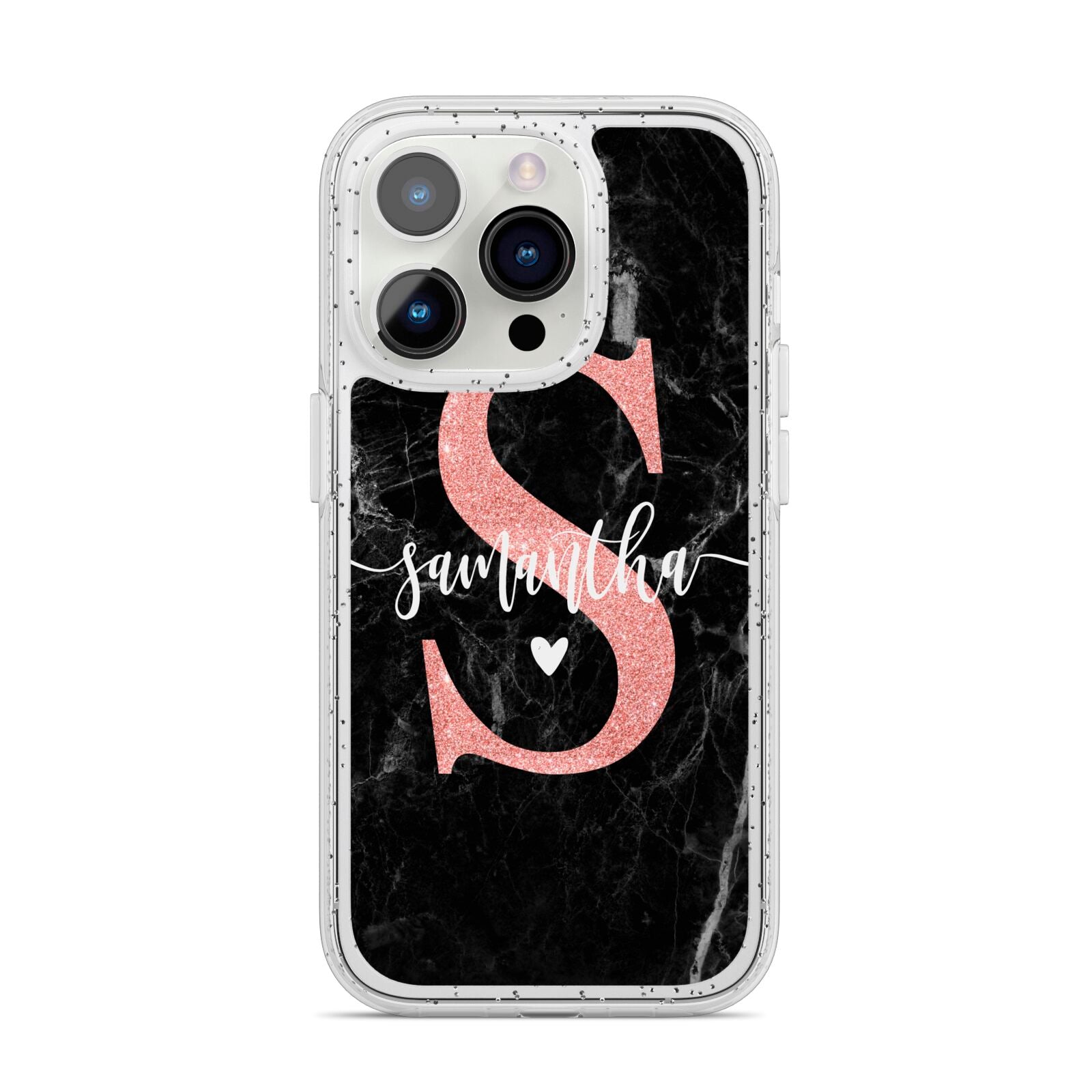 Black Marble Personalised Glitter Initial Name iPhone 14 Pro Glitter Tough Case Silver