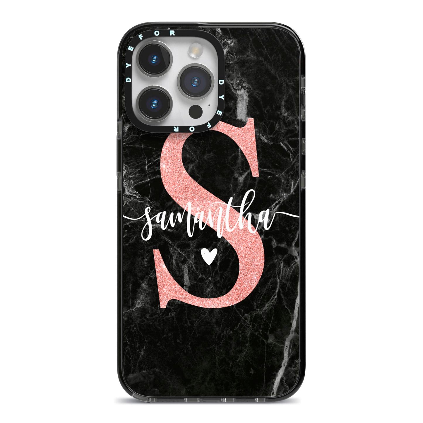 Black Marble Personalised Glitter Initial Name iPhone 14 Pro Max Black Impact Case on Silver phone