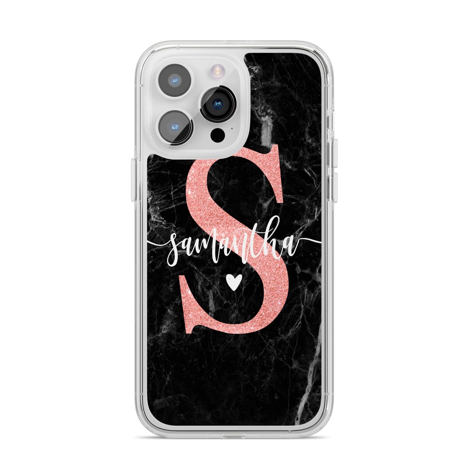 Black Marble Personalised Glitter Initial Name iPhone 14 Pro Max Clear Tough Case Silver