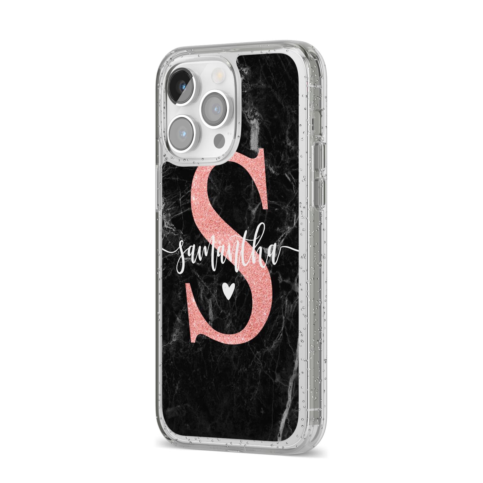 Black Marble Personalised Glitter Initial Name iPhone 14 Pro Max Glitter Tough Case Silver Angled Image