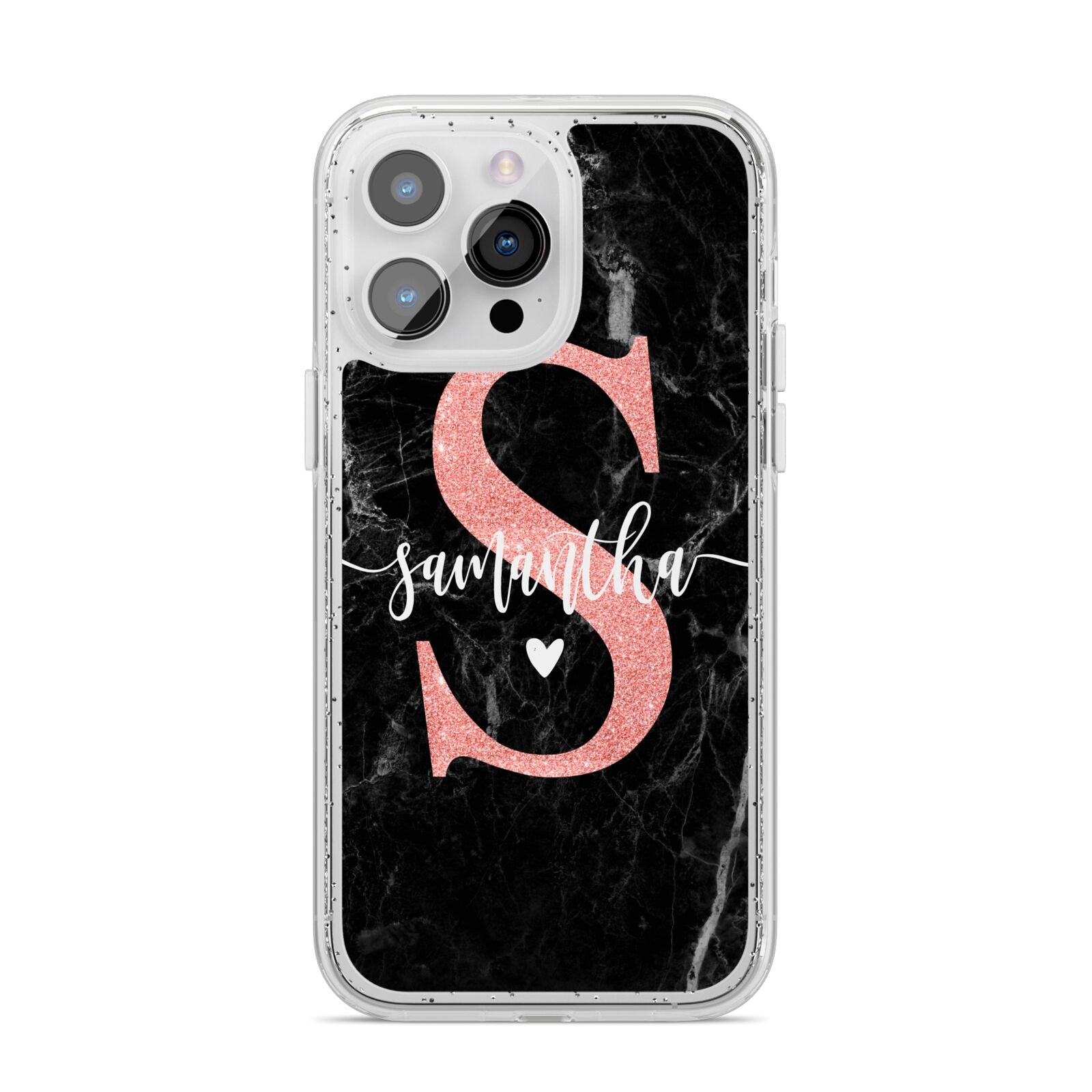 Black Marble Personalised Glitter Initial Name iPhone 14 Pro Max Glitter Tough Case Silver