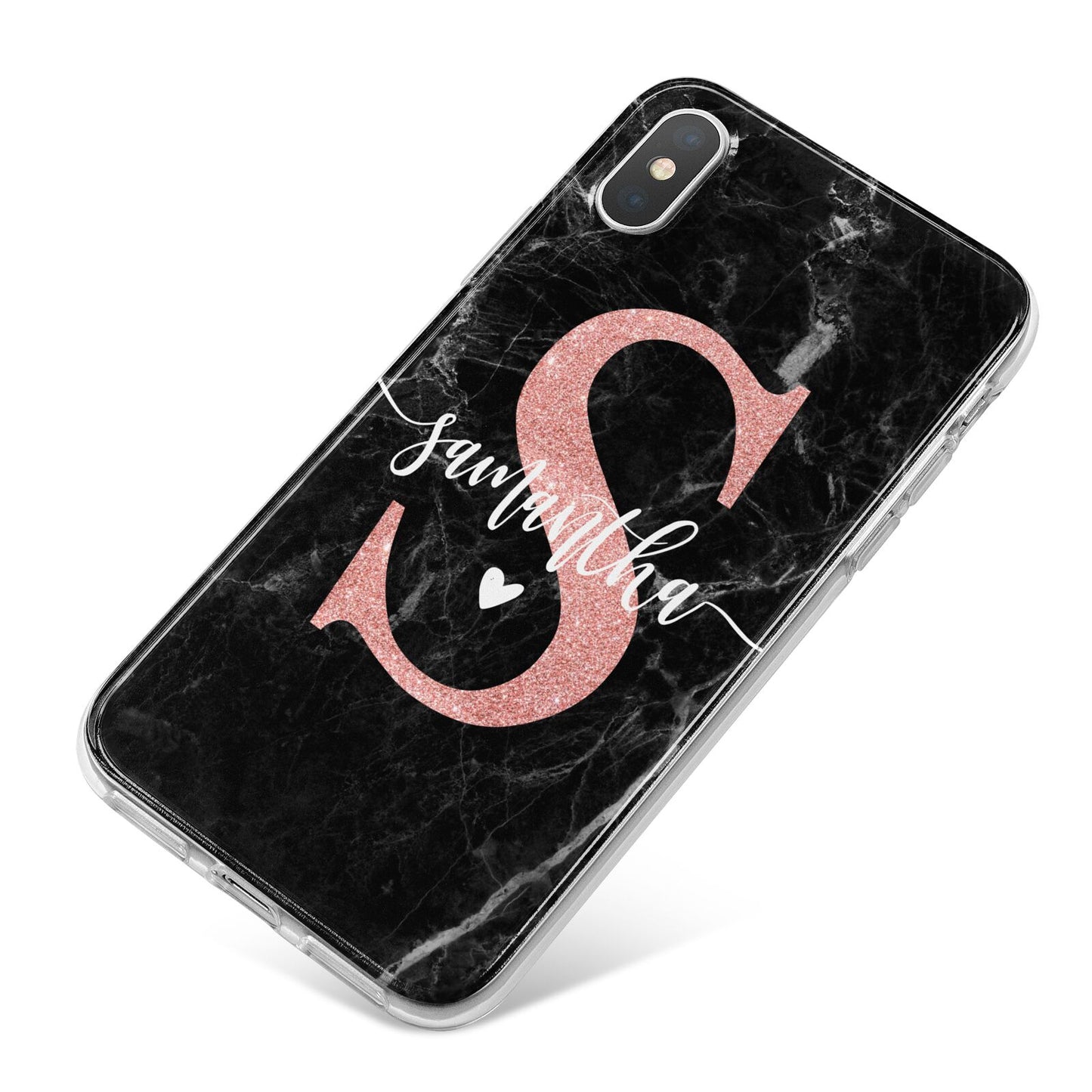 Black Marble Personalised Glitter Initial Name iPhone X Bumper Case on Silver iPhone