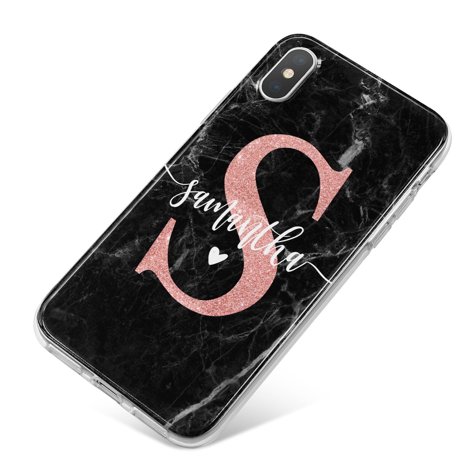 Black Marble Personalised Glitter Initial Name iPhone X Bumper Case on Silver iPhone