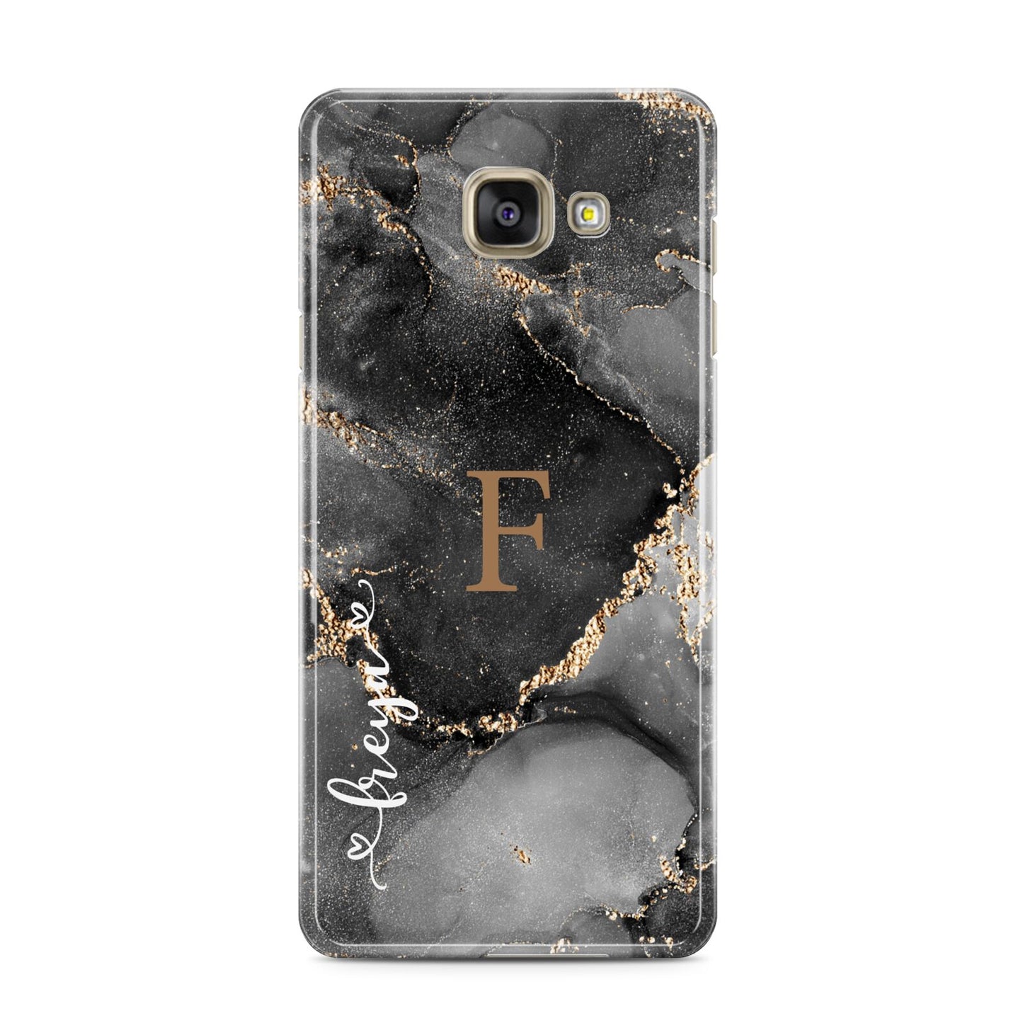 Black Marble Samsung Galaxy A3 2016 Case on gold phone
