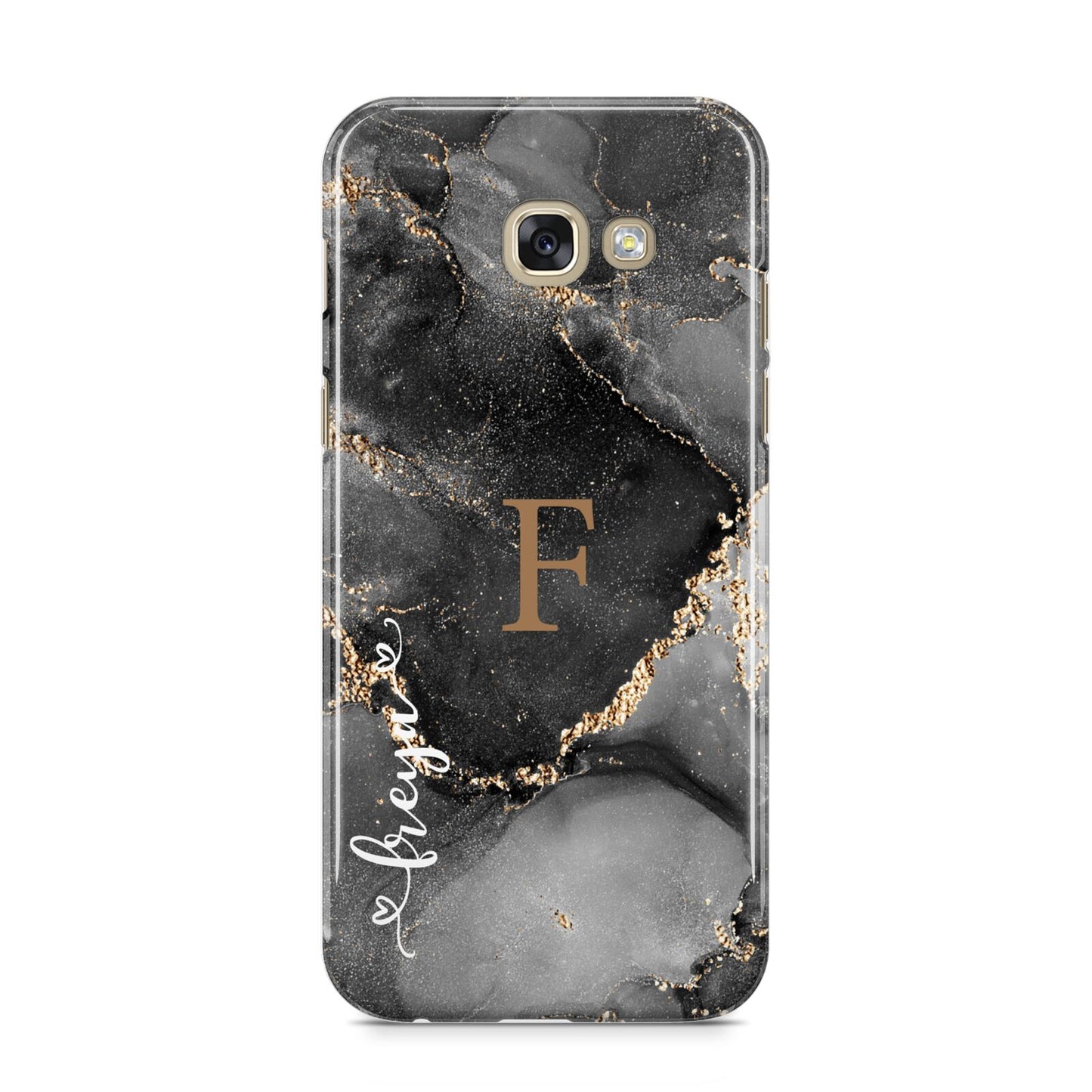 Black Marble Samsung Galaxy A5 2017 Case on gold phone