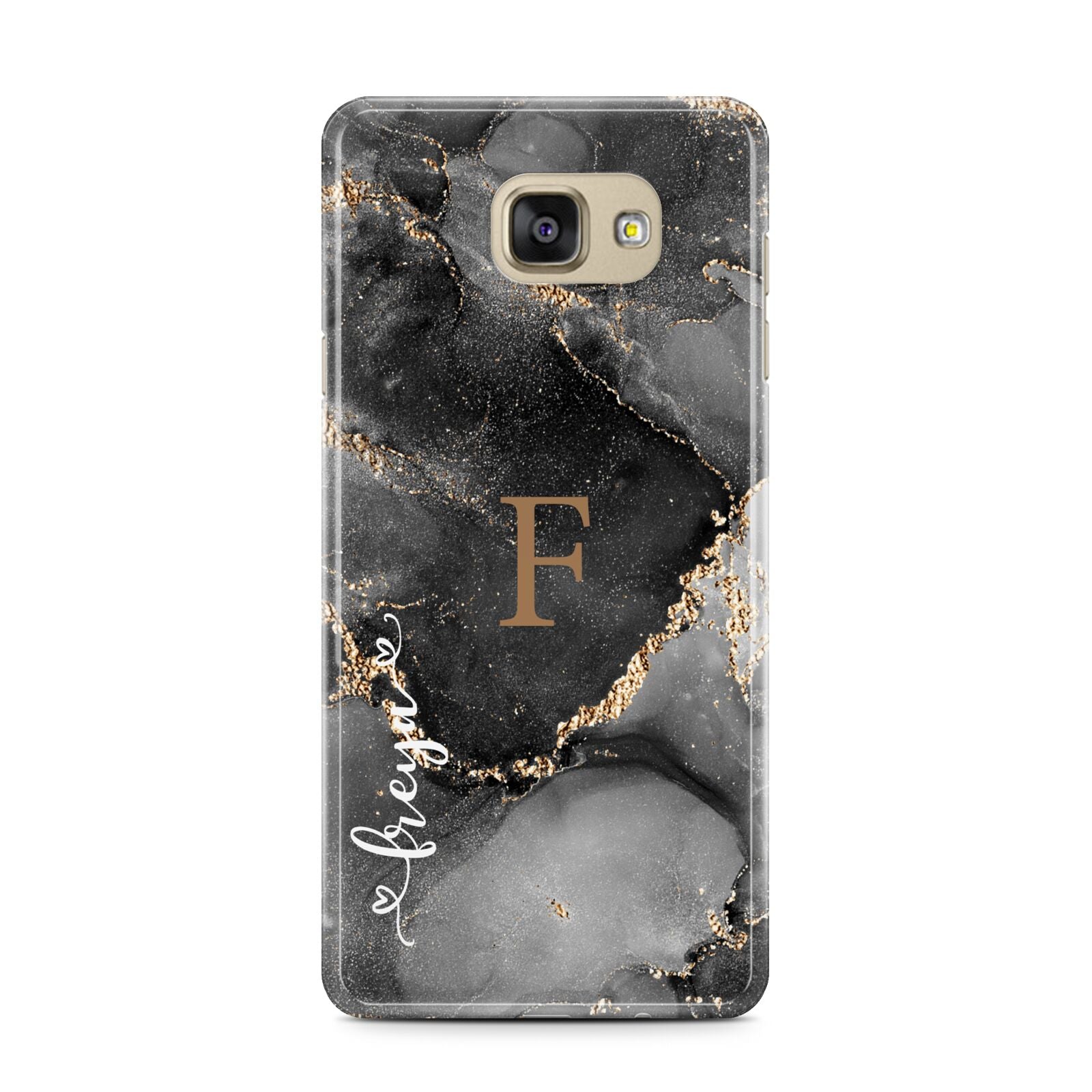 Black Marble Samsung Galaxy A7 2016 Case on gold phone