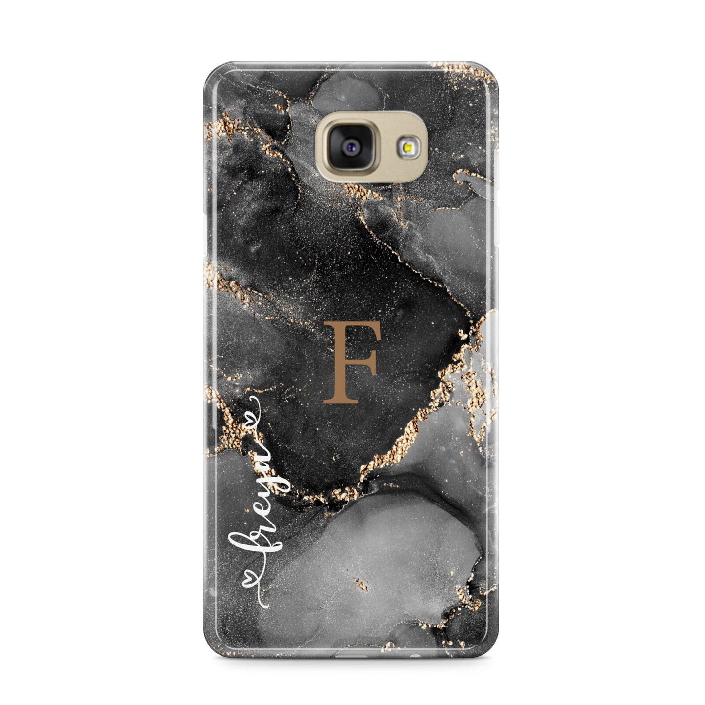 Black Marble Samsung Galaxy A9 2016 Case on gold phone