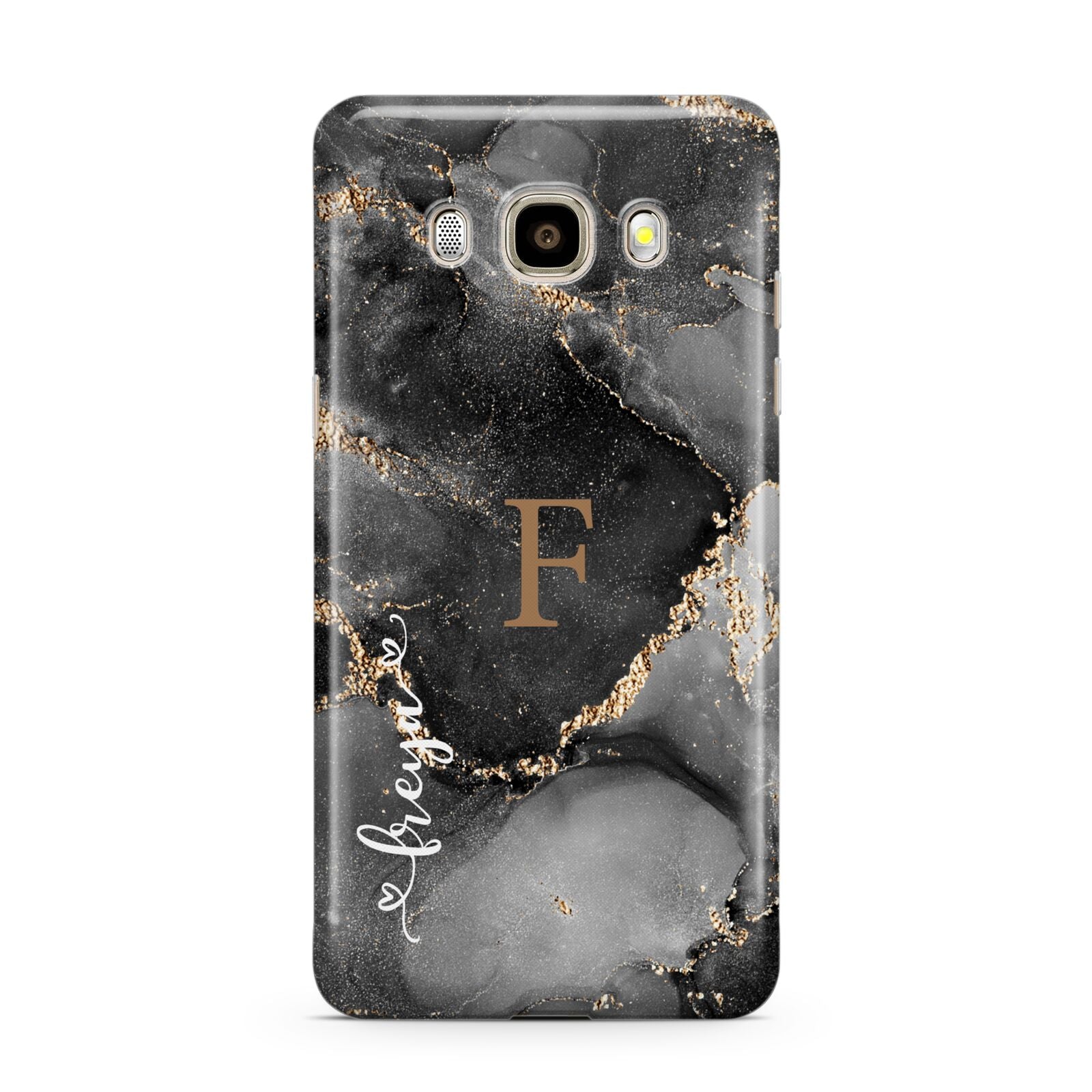 Black Marble Samsung Galaxy J7 2016 Case on gold phone